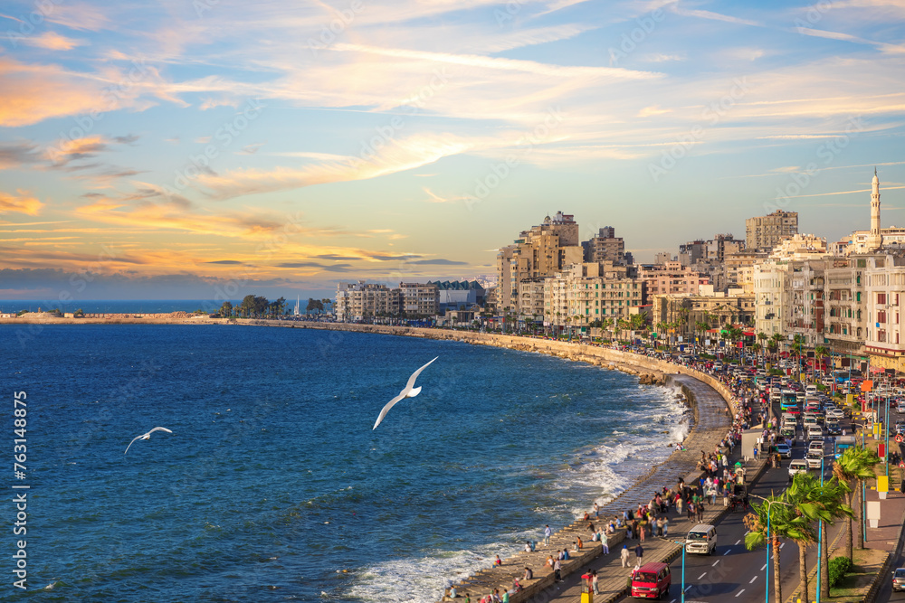 Alexandria seacoast, beautiful sunset view of the Mediterranean sea, Egypt