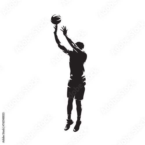 Basketball player shooting ball, jump shot. Isolated vector silhouette