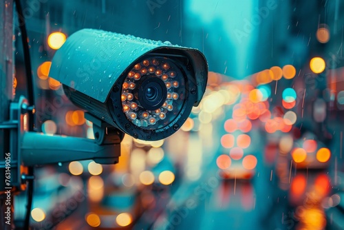 An outdoor security camera captures the colorful, bokeh lights of a city through the rain, emphasizing surveillance