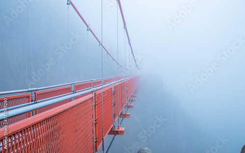 Landscape view of red suspension Cloud bridge in South Korea. photo