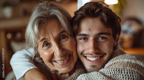 Family, generation, and people concept: a contented, smiling elderly mother cuddling her grown son at home.  Generative Ai