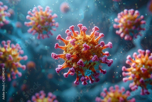 A detailed and vibrant 3D rendering of a virus particle with spike proteins in a marine-like backdrop © Nena Ai