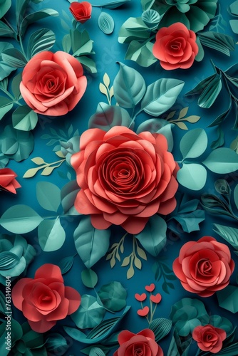 Beautiful Red Roses on Vibrant Blue Background with Green Leaves, Elegantly Arranged in Center of Image