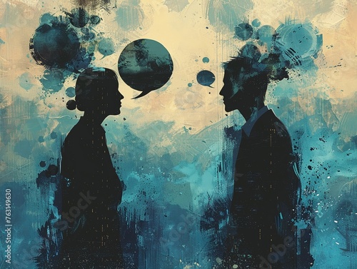 An illustration of two figures in silhouette, facing each other in profile, with speech bubbles containing ethical keywords