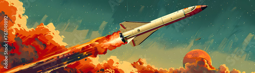 Retro rocket launch. Pop art theme.