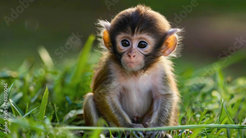 monkey sitting on the grass and staring