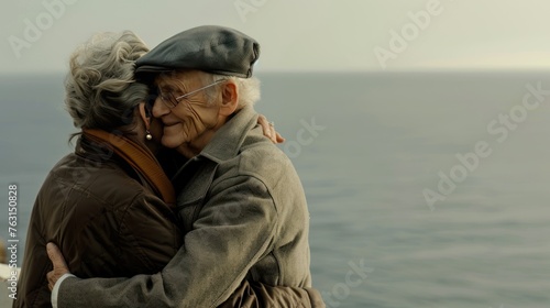 Wallpaper Mural An elderly couple shares a loving embrace, cherishing a tender moment together with the vast sea behind them. Torontodigital.ca