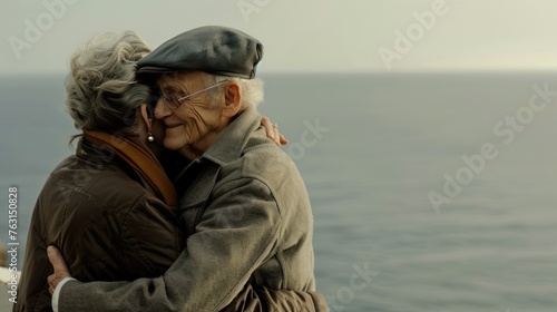 An elderly couple shares a loving embrace, cherishing a tender moment together with the vast sea behind them.