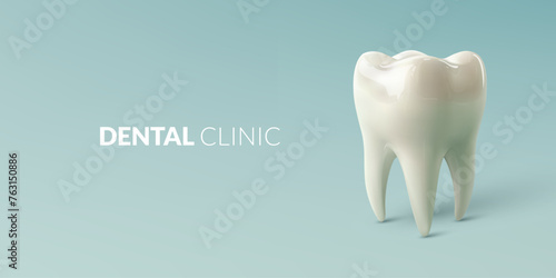 Ceramic Tooth model isolated on blue background with copy space. Dentist stomatology medical concept.