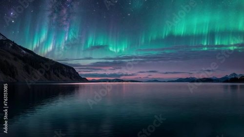 星空とオーロラと湖と森の風景動画