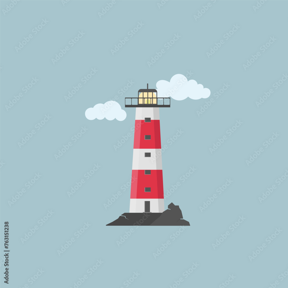 Vector set of cartoon flat lighthouses. Searchlight towers for marine navigation guidance
