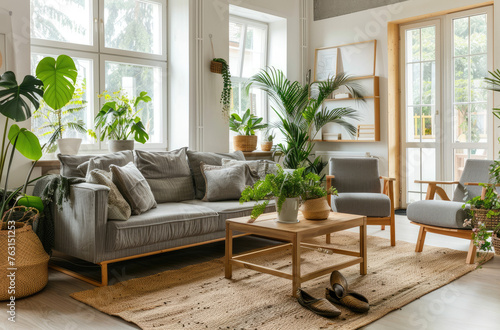Ecofriendly living room with wooden furniture, plants and large windows