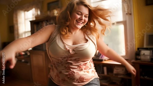 Fat or chubby teenage girl dancing happily in her bedroom
