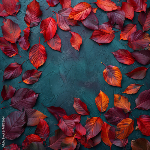 A blue background with red leaves scattered around it