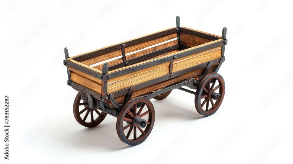 Children's wood and metal wagon toy isolated on a white background