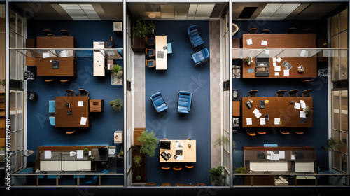 Top view on modern open space office with comfortable workplaces.