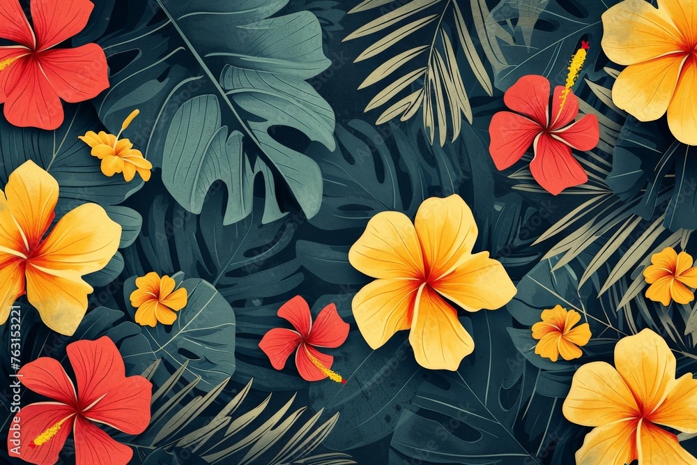 Exotic Tropical Floral Composition with Hibiscus Flowers on Dark Blue Background with Leaves and Foliage Exotic Tropical Floral Composition with Hibiscus Flowers on Dark Blue Background with Leaves and Foliage