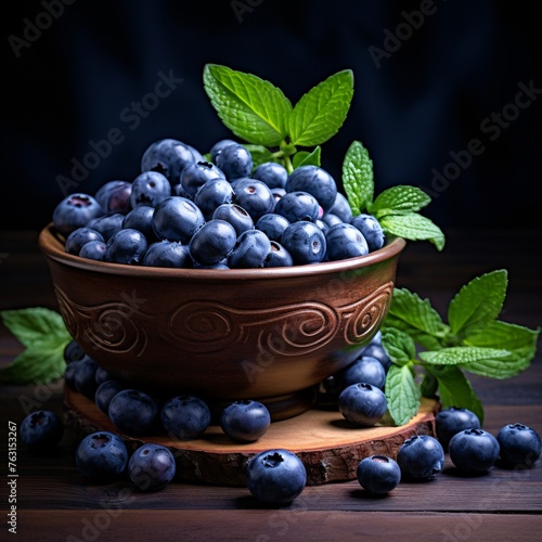 a bowl of blueberries with leaves © Marin