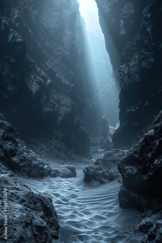 Dark canyon. Surreal landscape. Background image. Created with Generative AI technology.