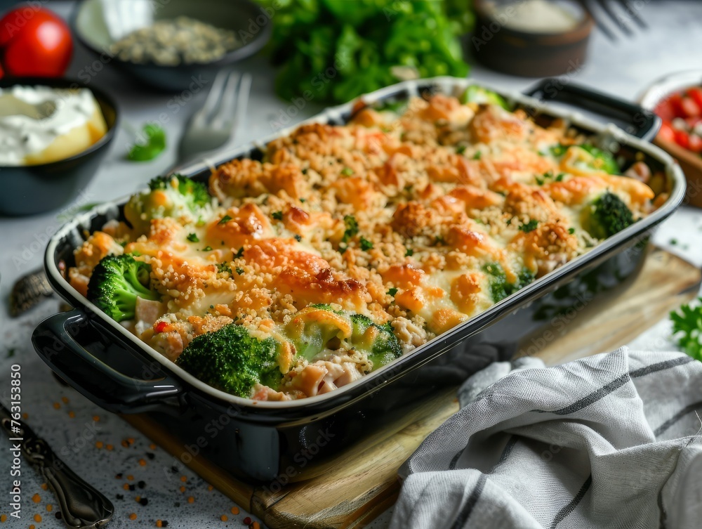 Baked American tuna fish casserole with broccoli and cheese