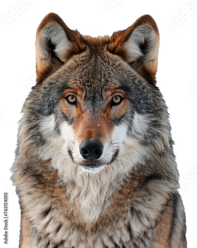 Timber wolf headshot with intense gaze on transparent background - stock png.
