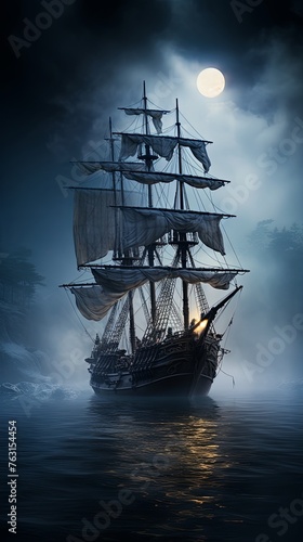 A ghostly pirate ship, adrift in foggy, moonlit waters, with a spectral crew aboard.