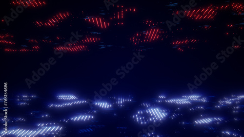 Digital dark blue red cyberspace with halftone dots and virtual data network connections. Smooth connection and data analysis technology abstract background concept.