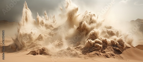A massive cloud of sand is being whipped by the wind across the desert landscape, creating a mesmerizing meteorological phenomenon under the scorching heat of the desert sky