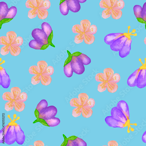 seamless pattern watercolor drawing of pink and violet flowers on a blue background
