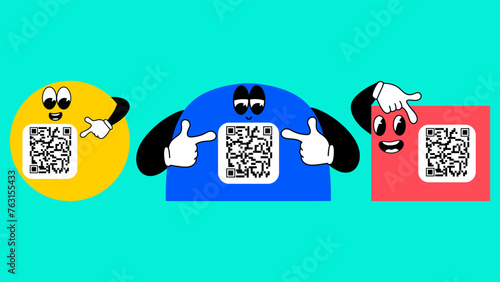 Cartoon character frames with space to add a QR code scan set. Vector illustration.