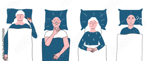 A set of people with different types of sleep disorders and one girl with healthy sleep. The concept of insomnia, snoring in sleep, apnea. Vector illustration in flat style