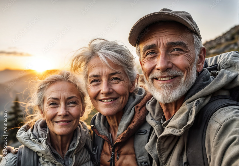 Old hiking people enjoy the beautiful sunset in the mountain during a hiking tour and making a happy smiling self portrait selfie