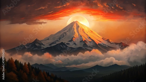 the-sun-sets-behind-a--mountain-on-a-slightly-cloud
