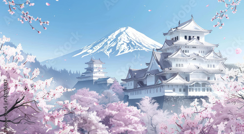 A white castle with pink cherry blossoms and Mount Fuji in the background
