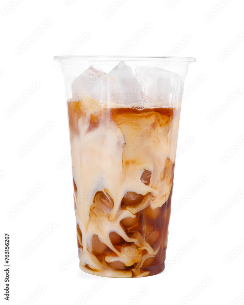 Plastic cup of fresh iced coffee isolated on white Plastic cup of fresh iced coffee isolated on white