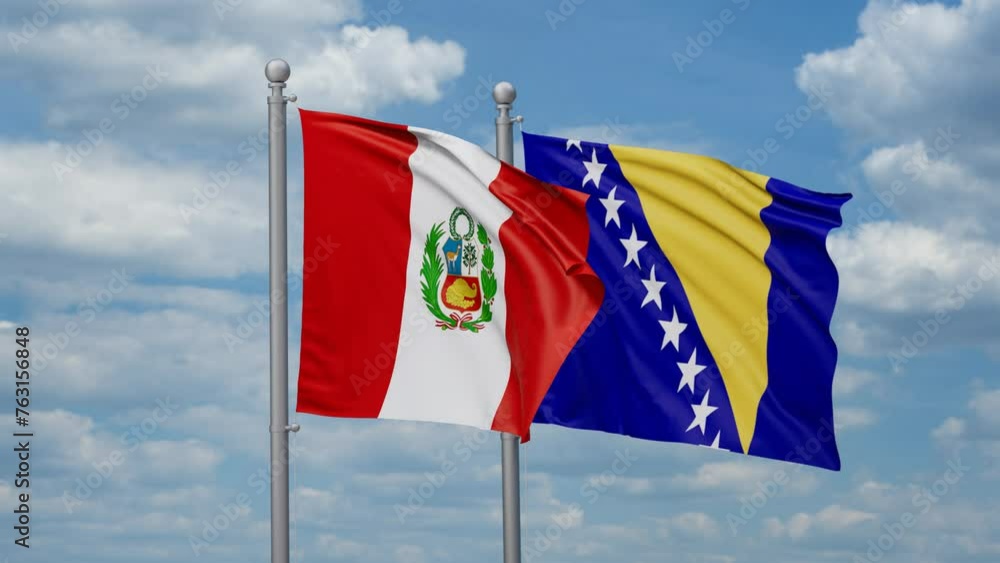 Peru and Bosnia and Herzegovina flags waving together, looped video Peru and Bosnia and Herzegovina flags waving together, looped video