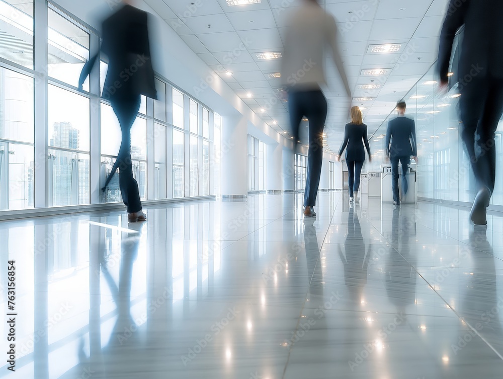 Motion-blurred professionals walking in bright office corridor with cityscape views.