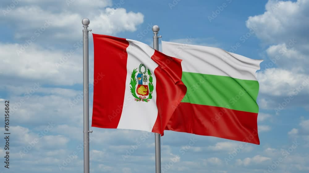 Bulgaria and Peru two flags waving together, looped video, two country relations concept Bulgaria and Peru two flags waving together, looped video, two country relations concept