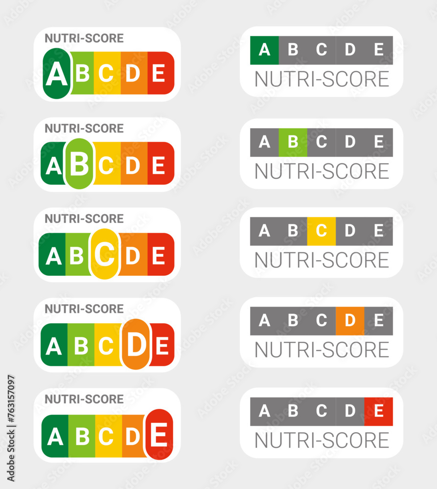 Nutri-score icons set. Isolatad Nutriscore stickers for packaging on white background. Food rating system signs : A, B, C, D, E. Vector illustration. Nutri-score icons set. Isolatad Nutriscore stickers for packaging on white background. Food rating system signs : A, B, C, D, E. Vector illustration.