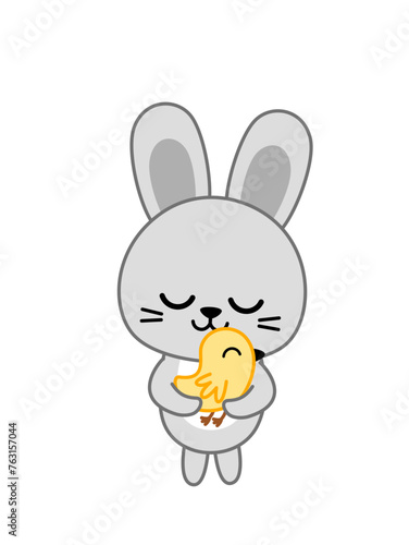 Hare is hugging chick. Easter bunny and yellow nestling. Cartoon, vector