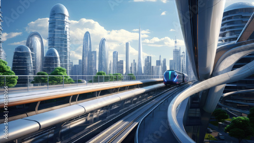 Futuristic city with high-speed train  advanced urban design  and sustainable infrastructure