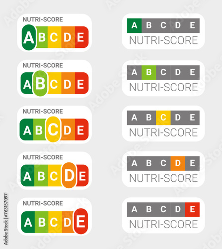 Nutri-score icons set. Isolatad Nutriscore stickers for packaging on white background. Food rating system signs : A, B, C, D, E. Vector illustration.