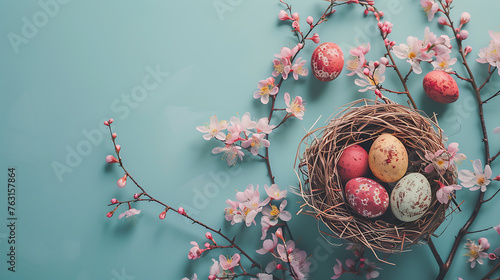 Easter background, Colorful decorated eggs, cherry flowers  in a basket with copy space