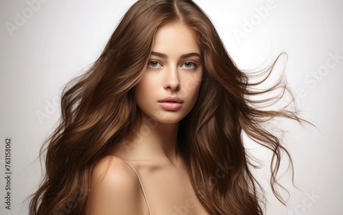 Portrait of a beautiful girl with shiny brown and straight long hair. Cute wavy hair woman  Hair treatment  care and spa procedures with copy space