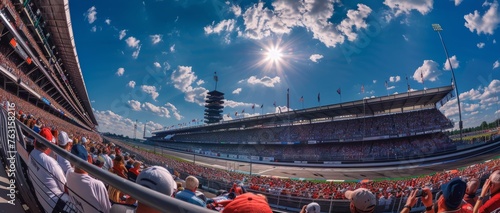 Crowded motor racing stadium under, sport fans attending racing event on sunny summer day. photo