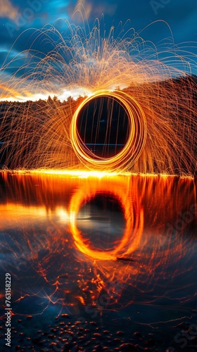 Long exposure photo of steel wool in the shape of an orange circle spinning around