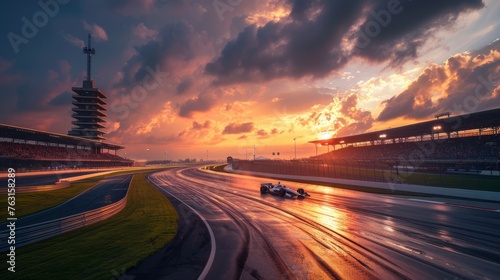Single race car in motion riding on motor speedway, race track during sunset time. Concept of motorsport, tournament
