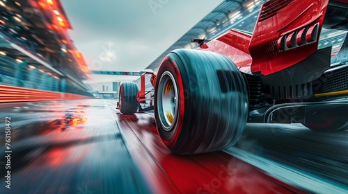 Close-up of red racing car wheel moving on high speed on wet race track with blurred tribune on background. Concept of motorsport, tournament photo