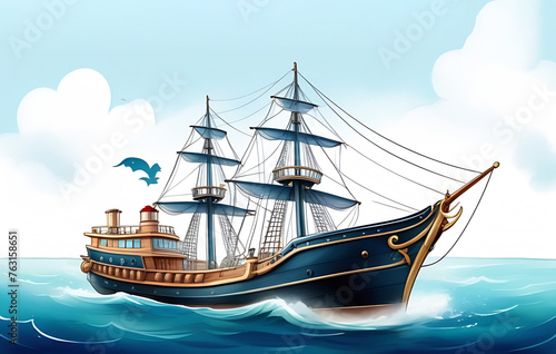 Illustration of a frigate ship with sails on a light background