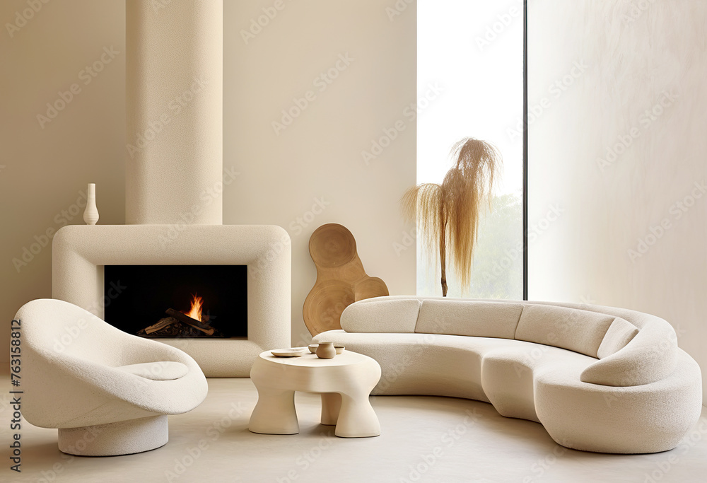 Fototapeta premium Minimalist, japandi interior design of modern living room, home. Curved sofa and lounge chair against fireplace.